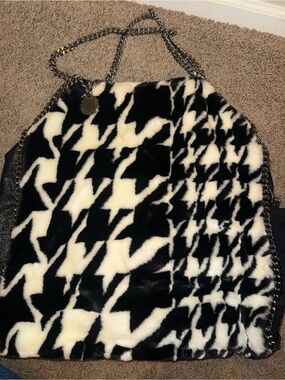 Stella McCartney Large Falabella Black & White Houndstooth Faux-Fur Shoulder Bag